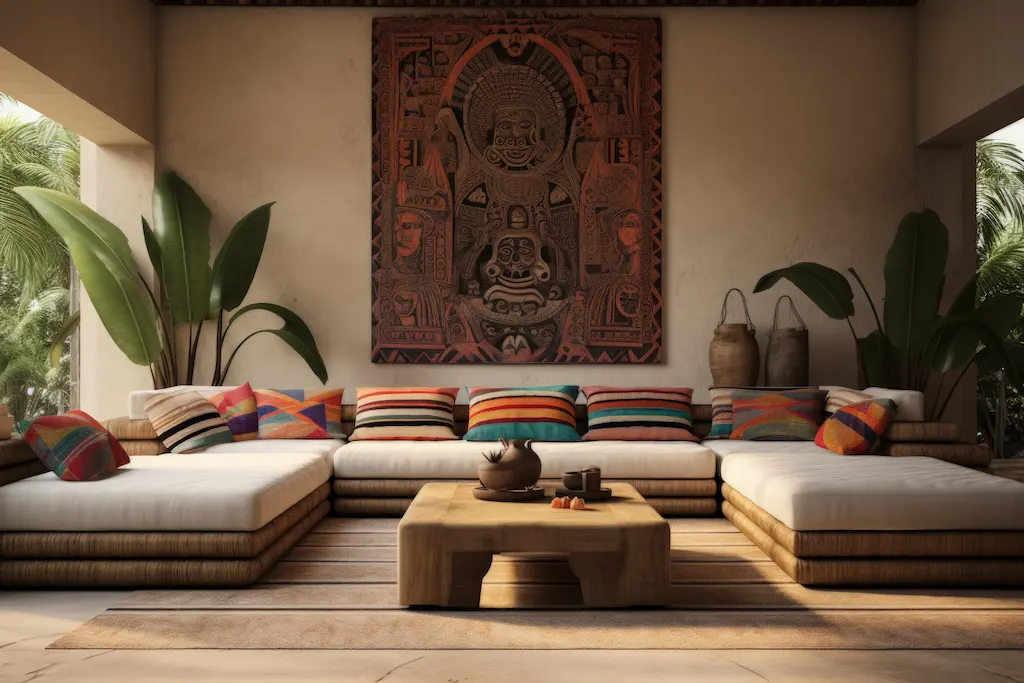 Boho living room with low sectional sofa, colorful cushions, plants, and carved wall art