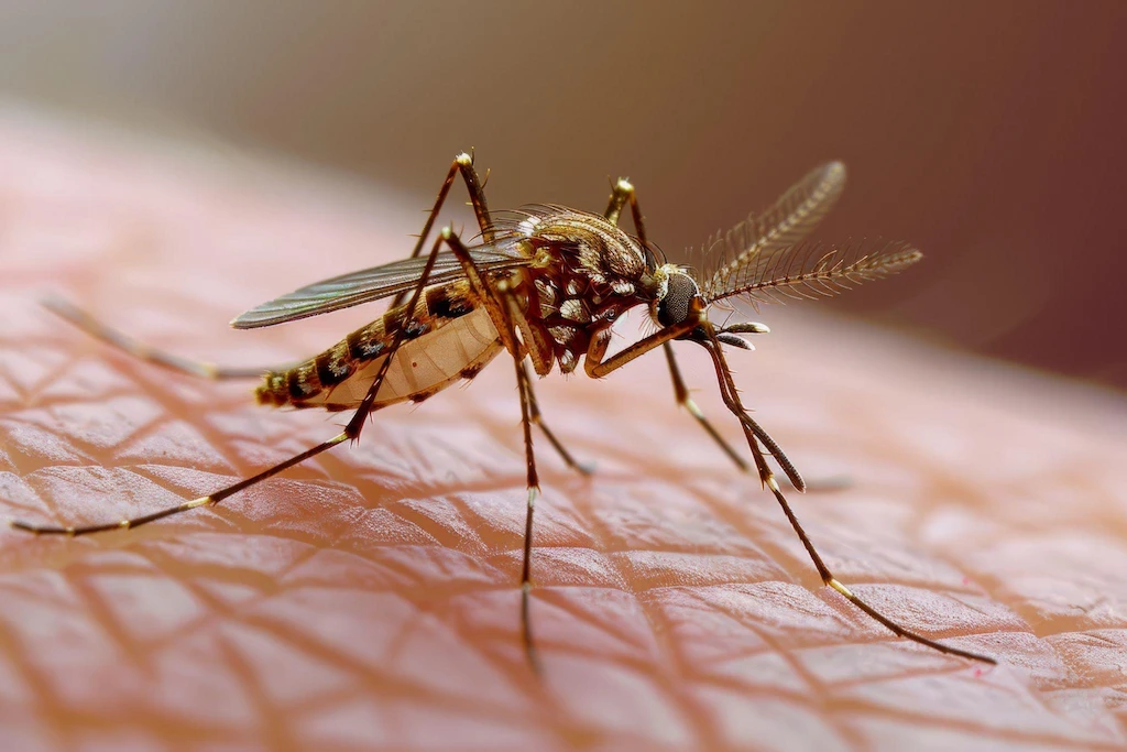 Close-up of a mosquito on human skin