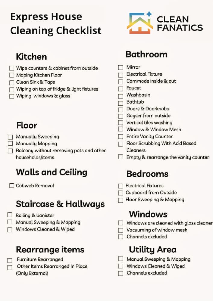 Express Cleaning Checklist By Clean Fanatics