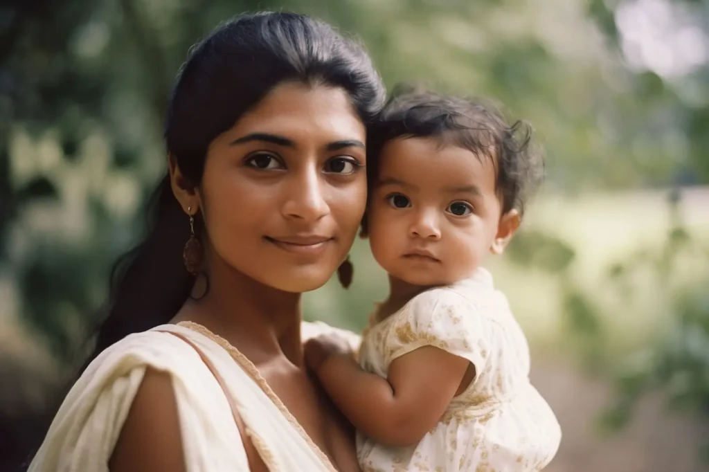 Woman holding a baby, both looking at the camera outdoors
