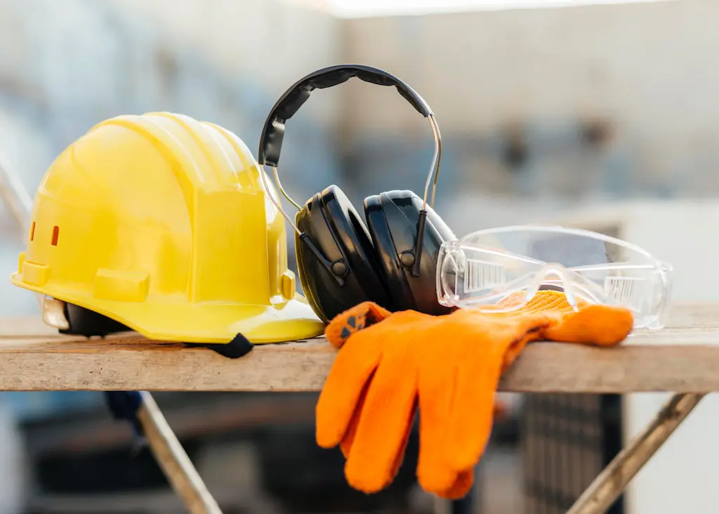 Construction PPE on a plank—yellow hard hat, ear defenders, safety glasses, and gloves - cleanfanatics