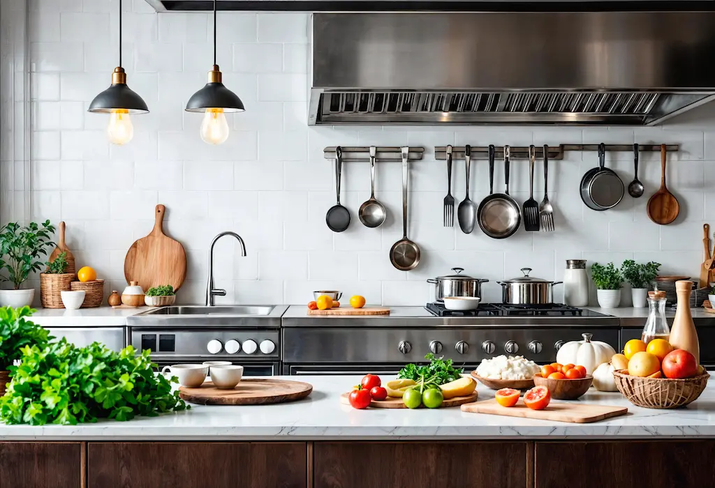 Modern kitchen with hanging cookware, stainless range, and fresh produce on the counter