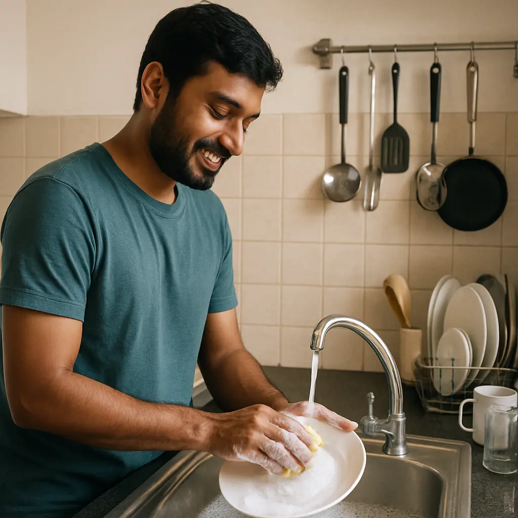 Man washing a dish at the kitchen sink with running water