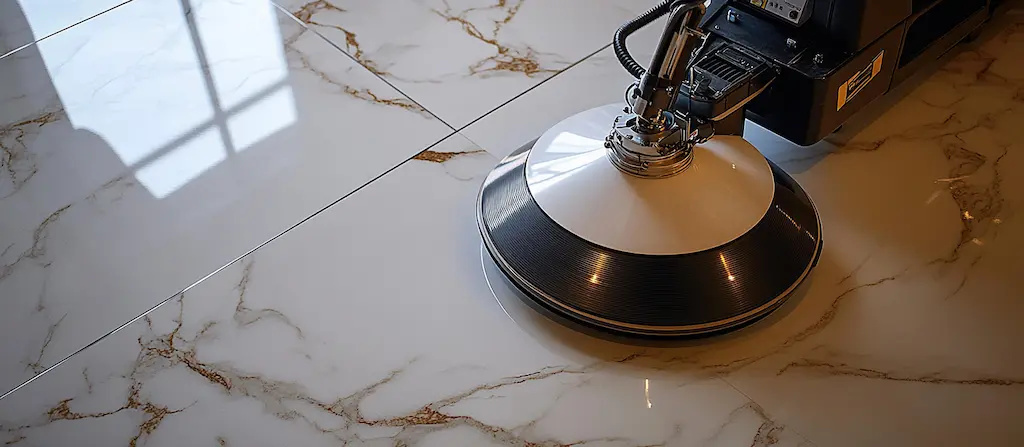Marble floor polishing machine buffing glossy veined tiles
