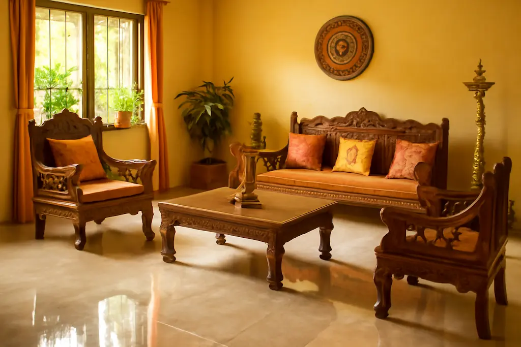 Traditional living room with carved wooden sofa set and polished marble floor