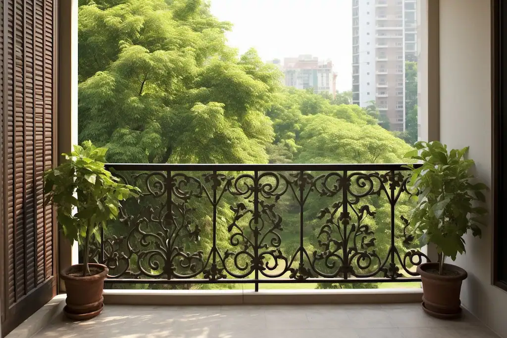 Balcony with ornate iron railing and potted plants overlooking leafy trees and city buildings.