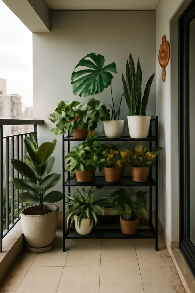 Balcony plant stand with potted greenery and snake plant beside a railing.