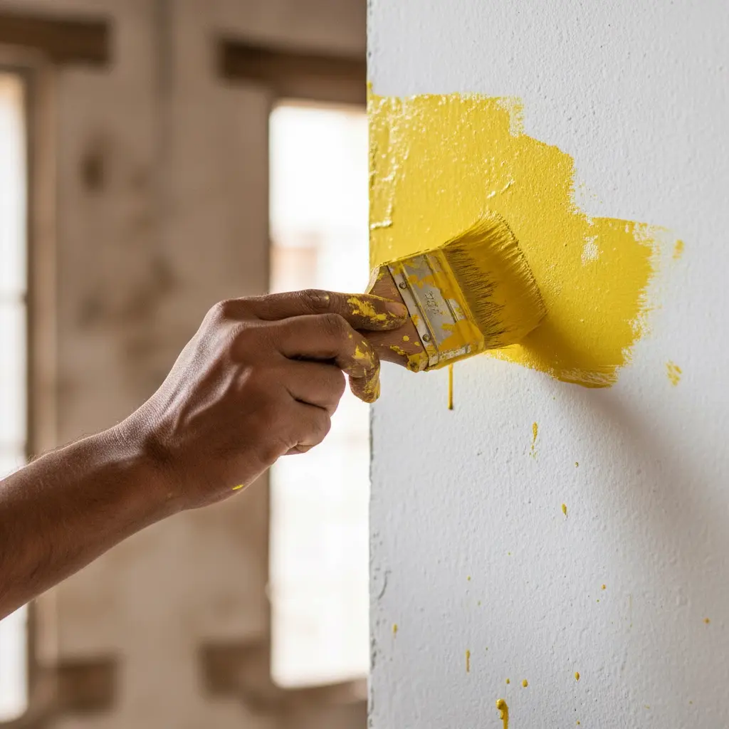Hand painting a wall with a brush in bright yellow
