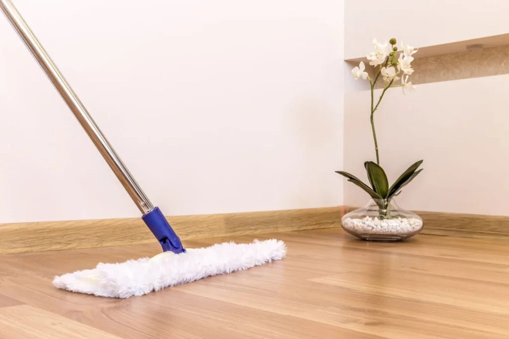 Microfiber mop cleaning a wooden floor near a small vase plant.