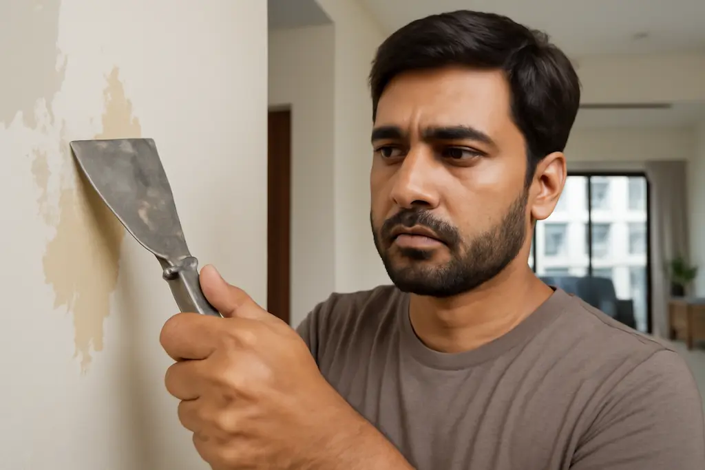 Man scraping damaged paint from a wall with a putty knife.