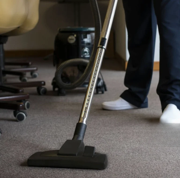 Person vacuuming office carpet near chairs and other cleaning equipment.