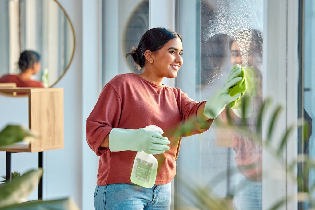 A person in a red shirt and green gloves cleaning a window with a spray bottle, reflecting a clean and bright space, by Clean Fanatics.