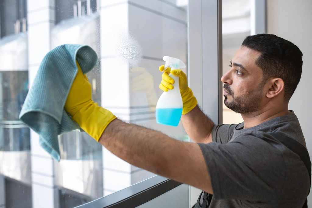 Person cleaning window, by Clean Fanatics.