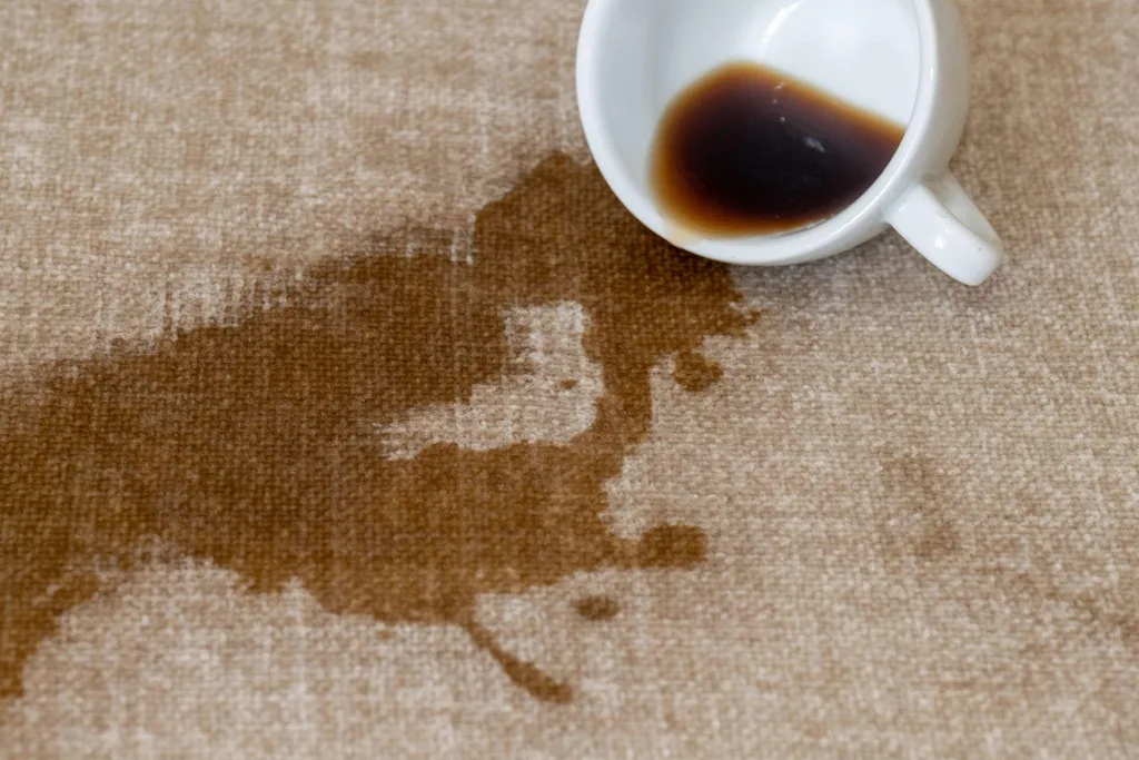 A spilled coffee cup on a beige carpet, creating a dark stain