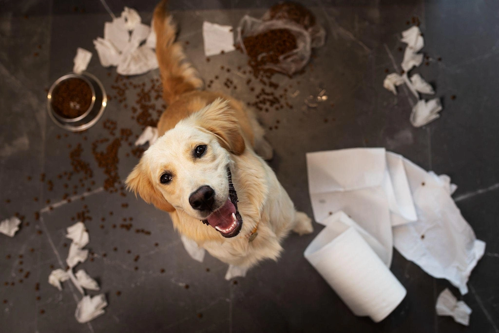 A golden retriever surrounded by spilled dog food and torn paper