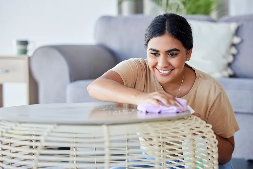 Smiling homeowner wiping a living‑room coffee table during festival deep cleaning after renovations - cleanfanatics