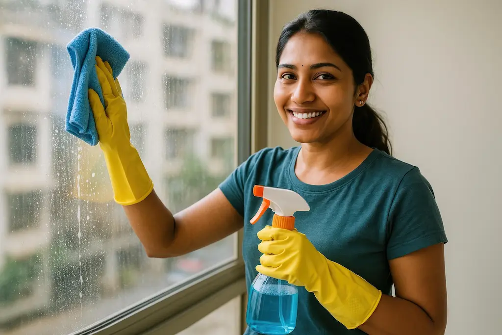 Woman cleaning window with spray and cloth - cleanfanatics