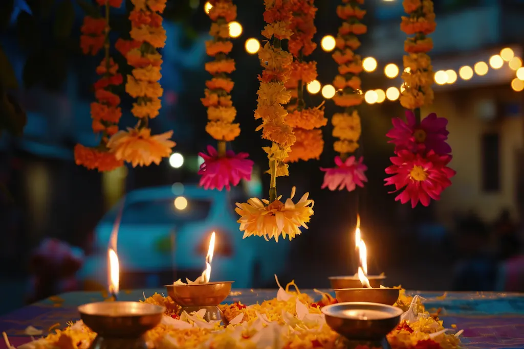 Festival diyas and marigold garlands at night - cleanfanatics