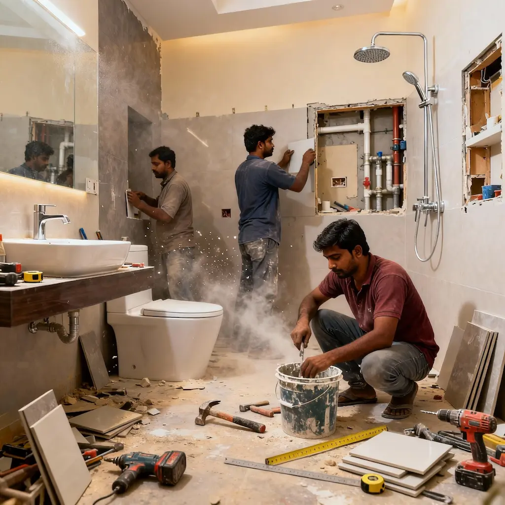 Bathroom remodel in progress with three workers installing tiles and plumbing amid dust and tools