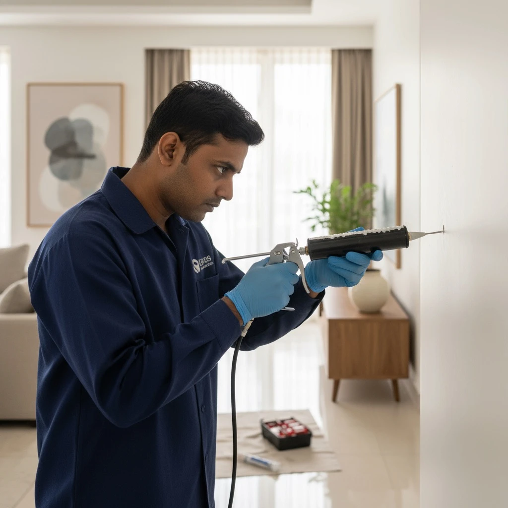 A technician injects termite treatment into a wall inside a modern home