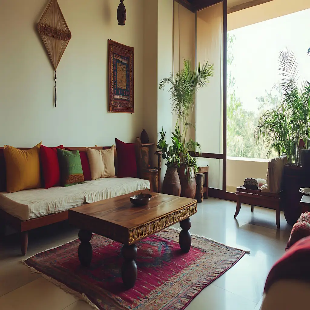 Living room with sofa, coffee table, and large window.