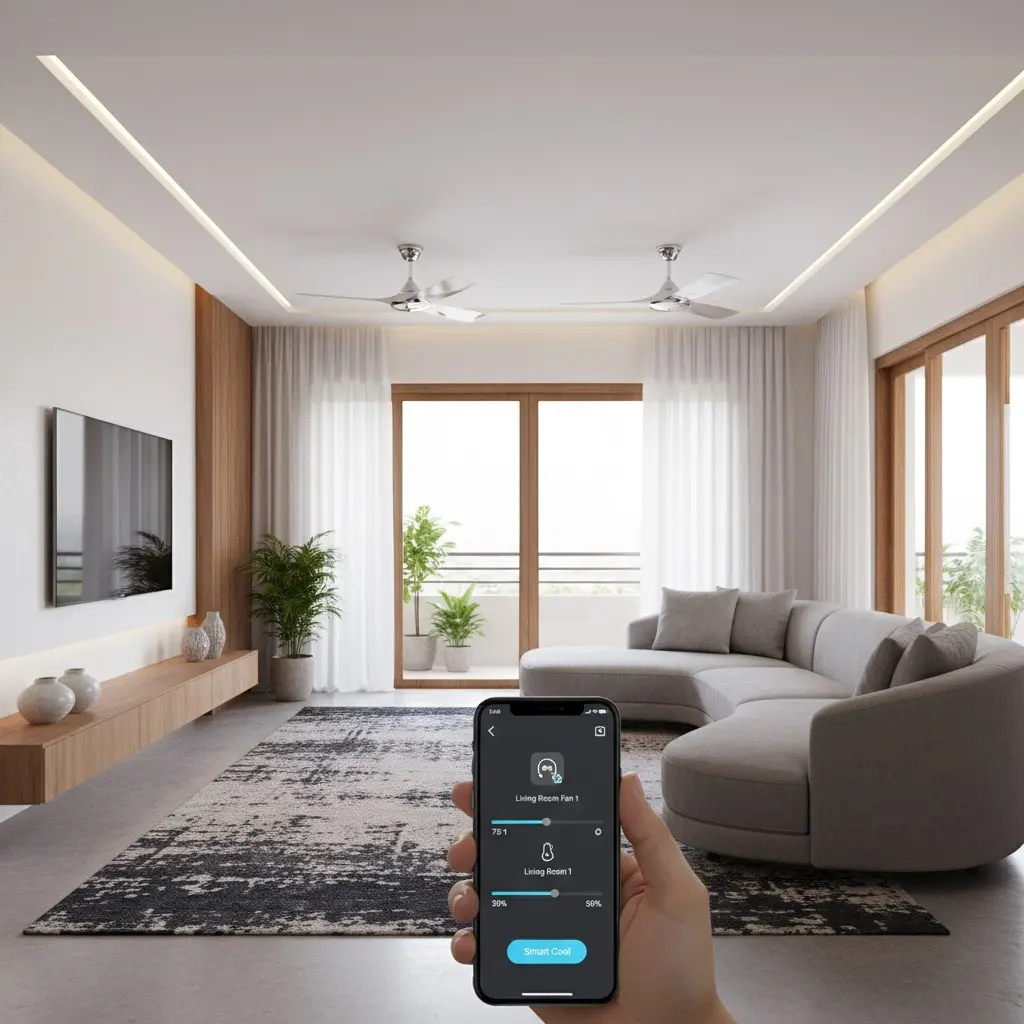 Modern living room with a phone controlling ceiling fans via a smart‑home app.