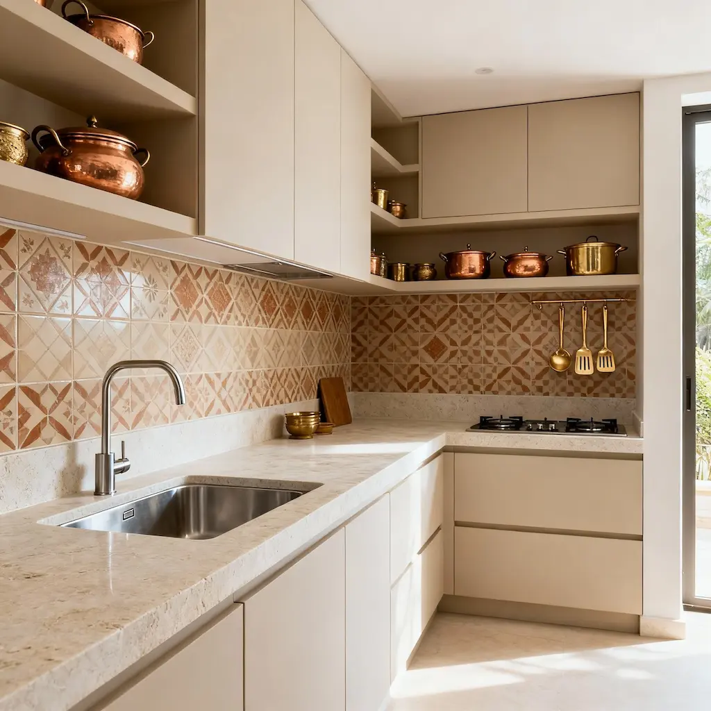 Warm beige kitchen with patterned terracotta backsplash, open shelves of copper cookware, and stone countertops