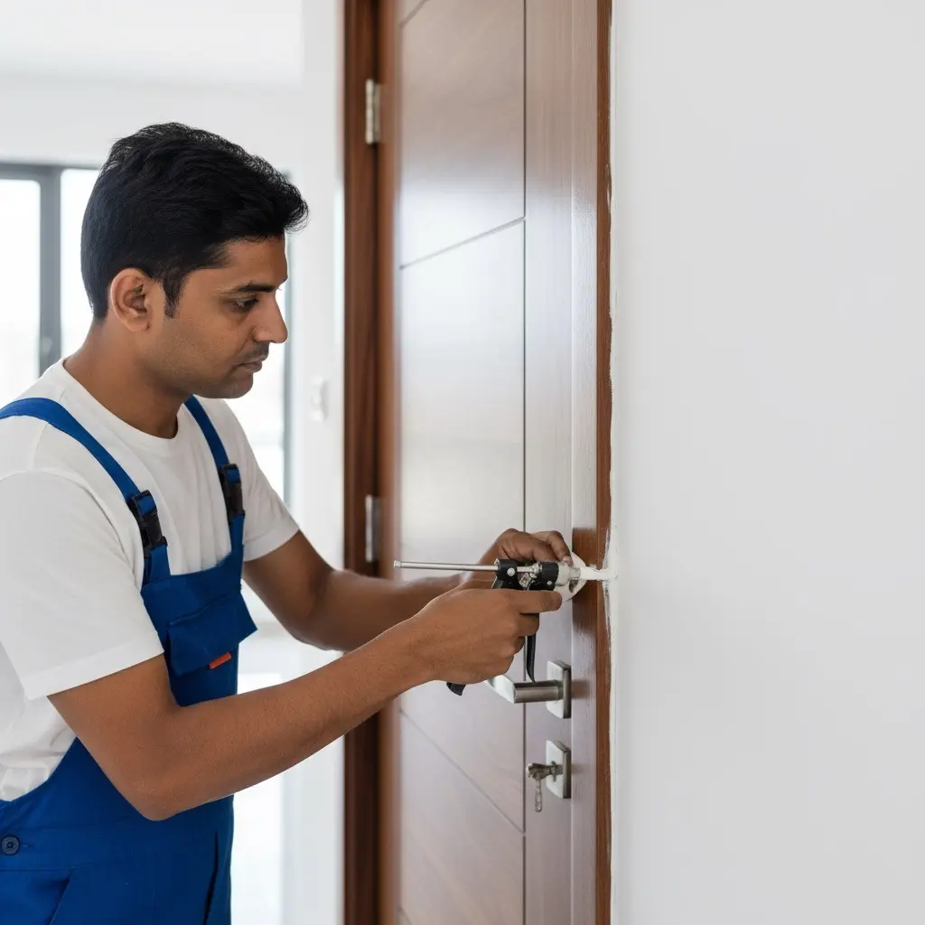 Technician applying caulk along a door frame to seal the gap.