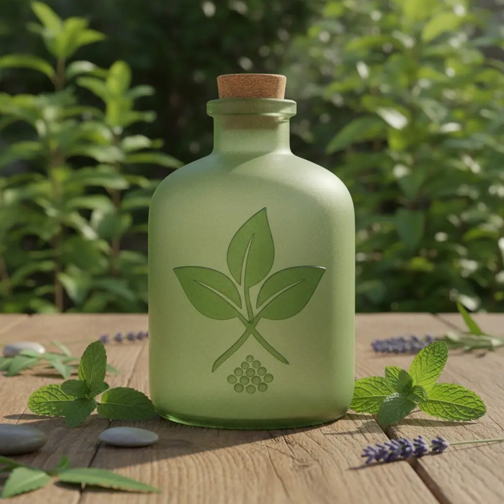 Frosted green glass bottle with a cork and leaf logo, placed on a wooden table amid herbs outdoors.