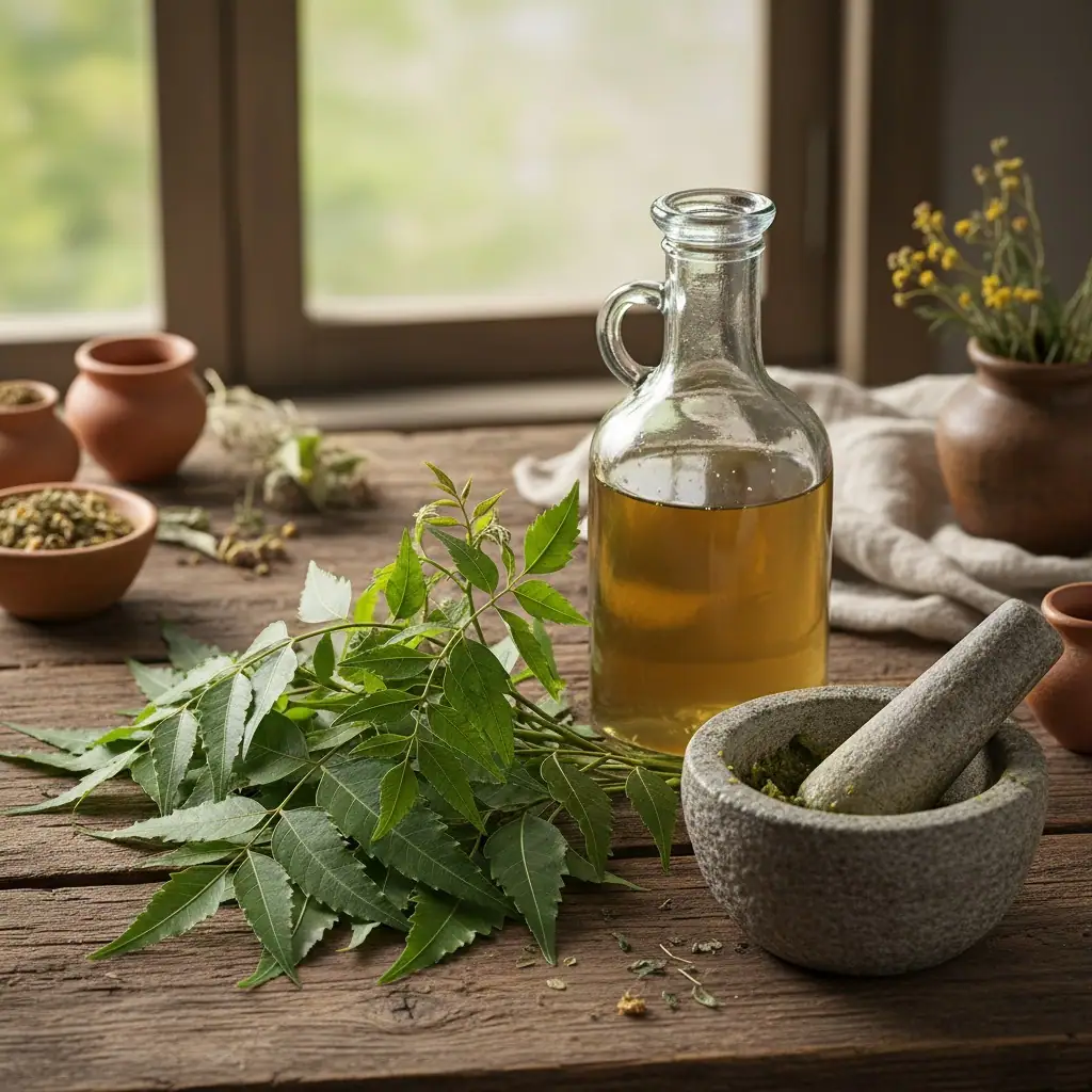 Neem leaves, a glass bottle of herbal oil, and a stone mortar and pestle on a rustic wooden table