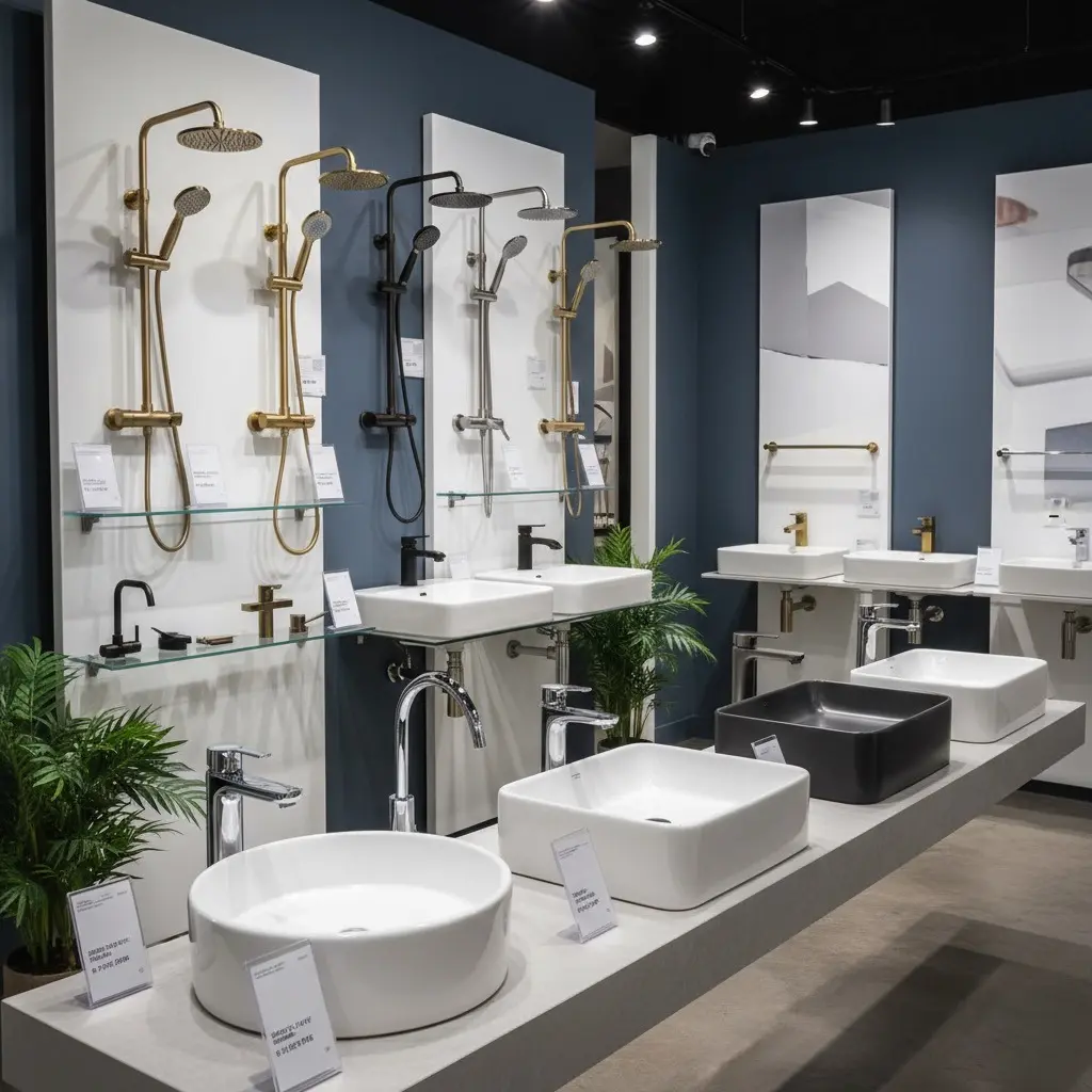 Bathroom showroom display with wall‑mounted shower sets and countertop vessel sinks in various finishes