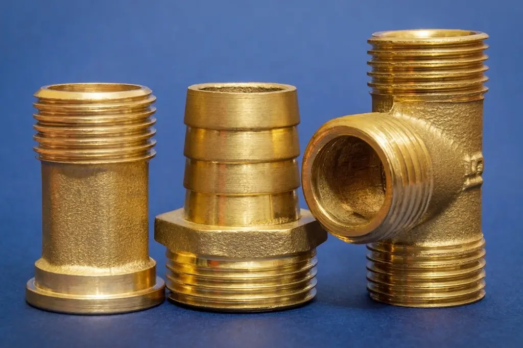 Brass plumbing fittings and connectors with threads shown on a blue background.
