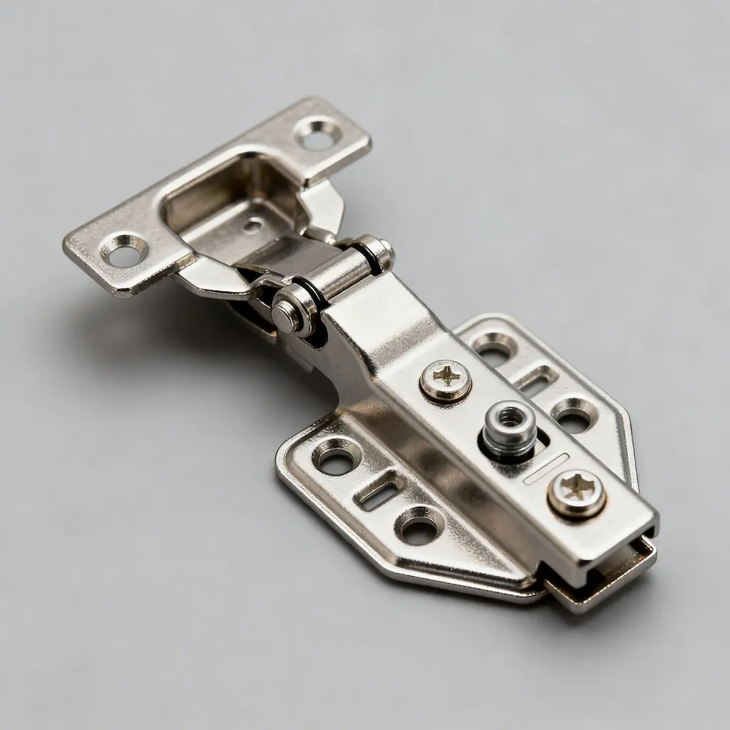 Metal cabinet hinge with multiple screw holes, placed on a gray background.