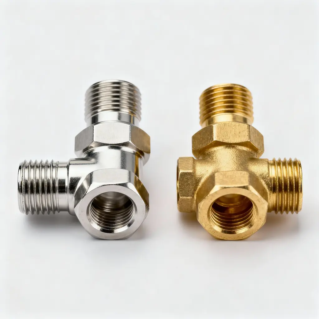 Chrome and brass T-shaped plumbing fittings side by side on a white background