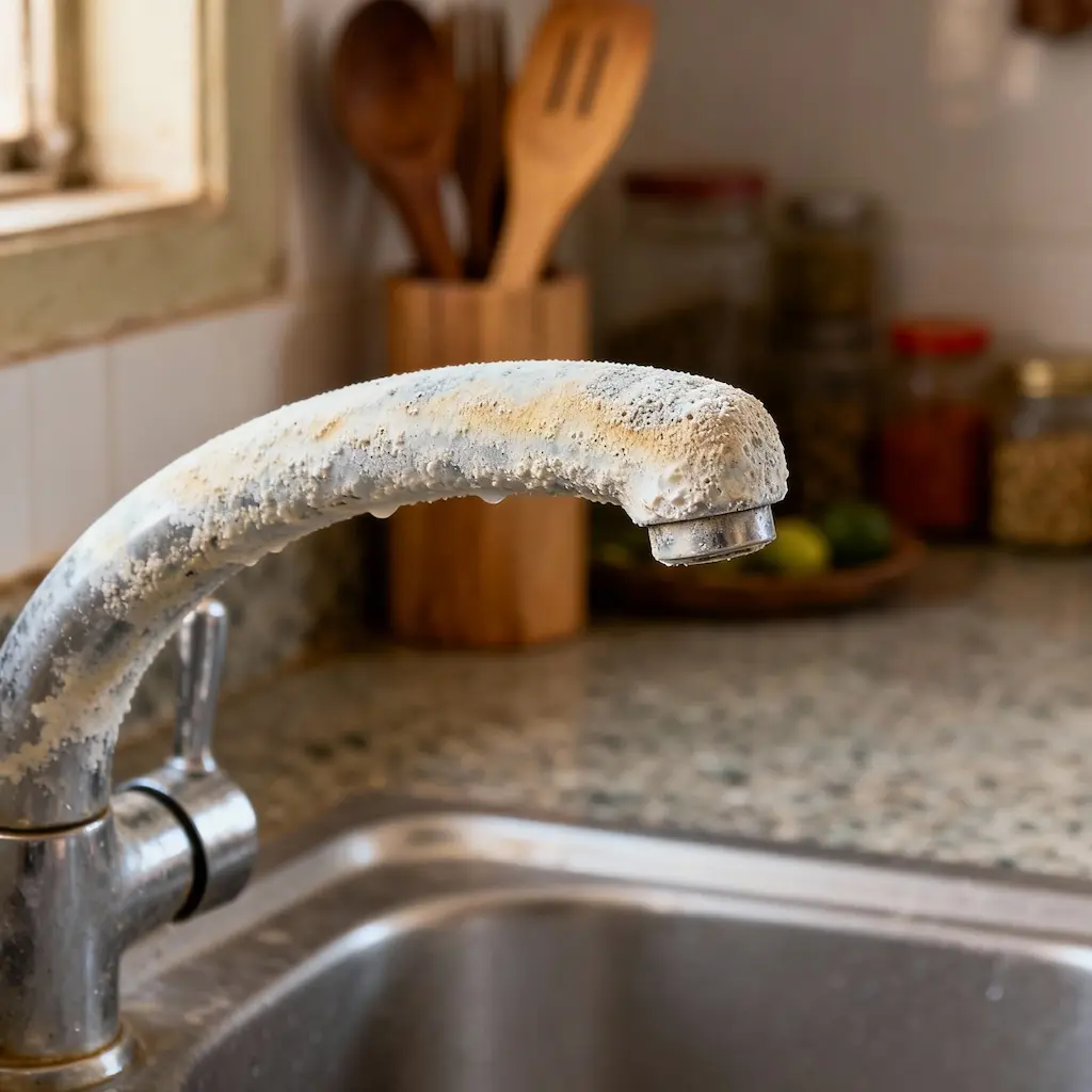Kitchen faucet covered with white mineral scale and limescale buildup near the sink.