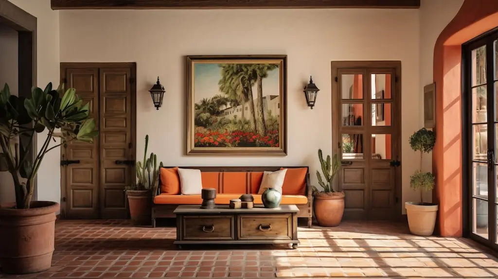 Spanish-style living room with terracotta tile floor, orange-cushioned wooden sofa, potted plants, and a large landscape painting on the wall.
